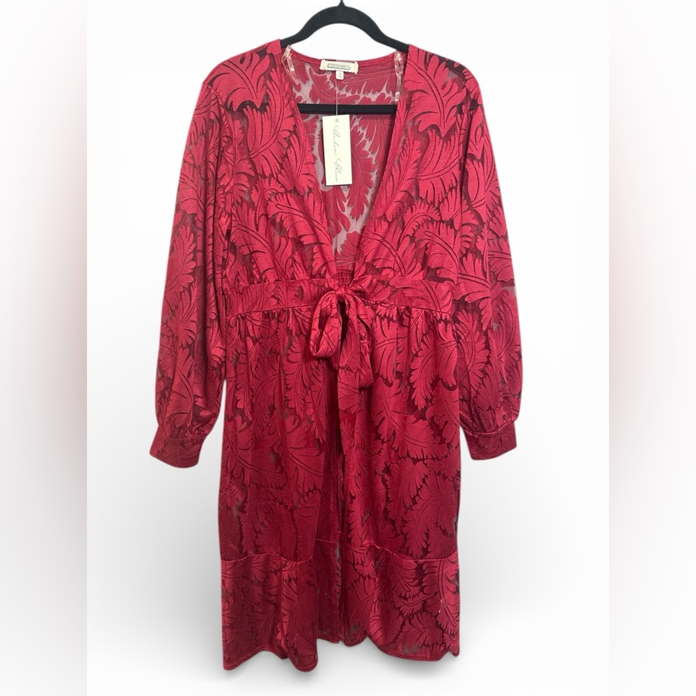 Amber Skies Red Jacquard Robe L NWT‎ Boho Tie Waist Cover Up Valentine’s Day